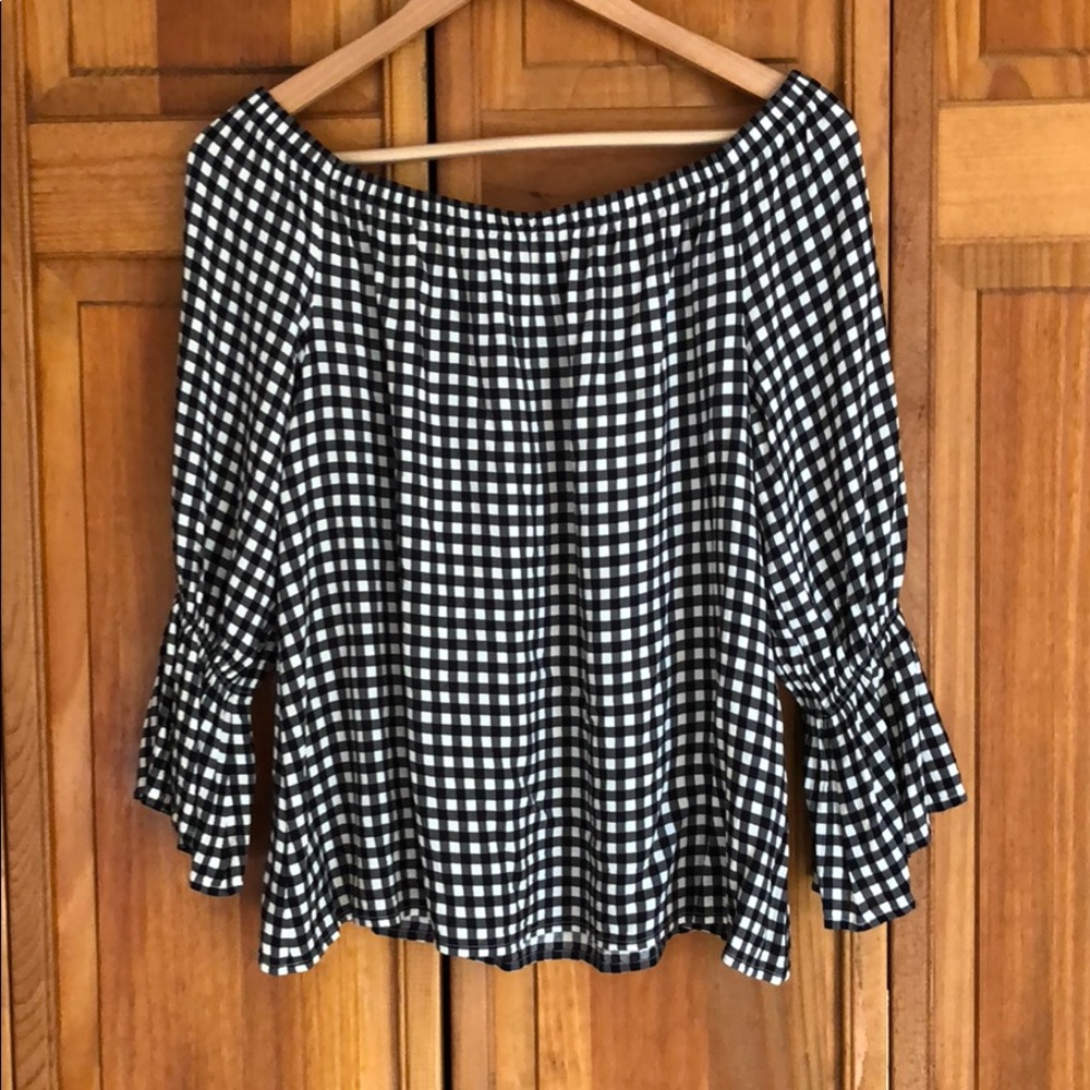 Off-Shoulder Plaid Blouse